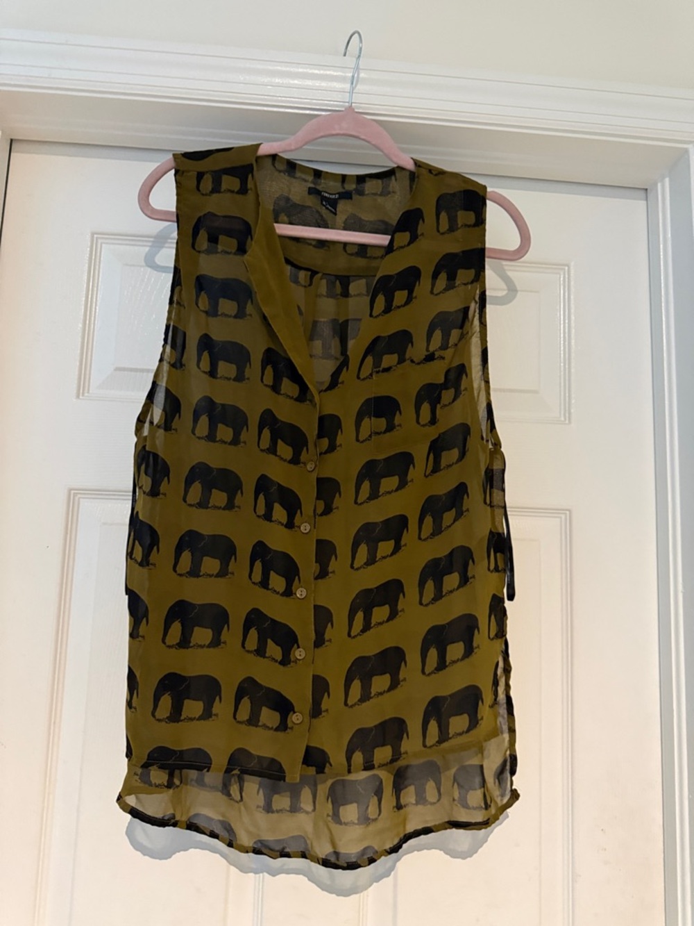 Forever 21 Olive Green Sleeveless Blouse with Black Elephant Print
